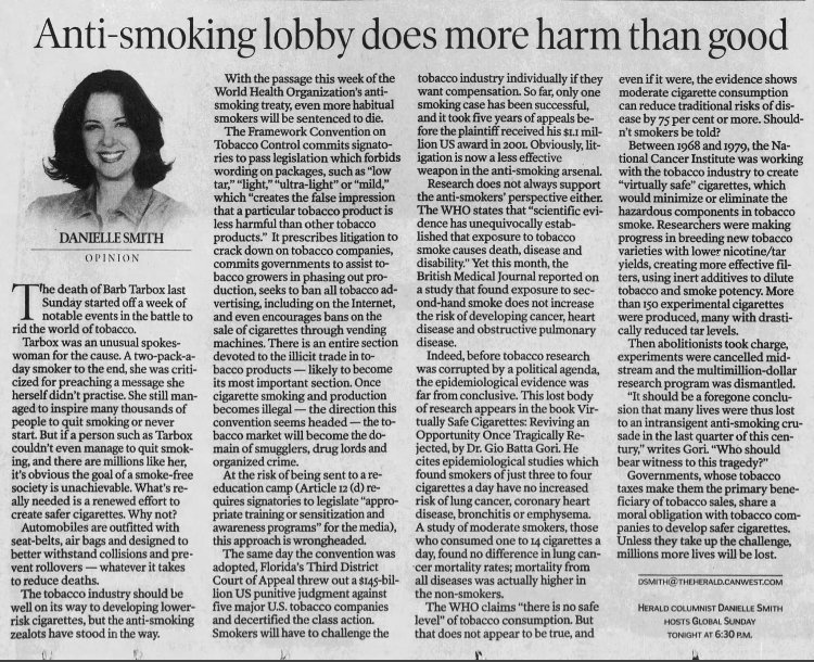 Calgary Herald op ed: Anti-smoking lobby does more harm than good