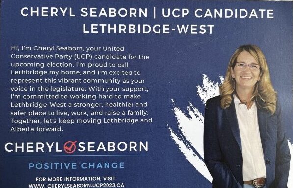 Cheryl Seaborn misspells her district as "Lethrbidge"