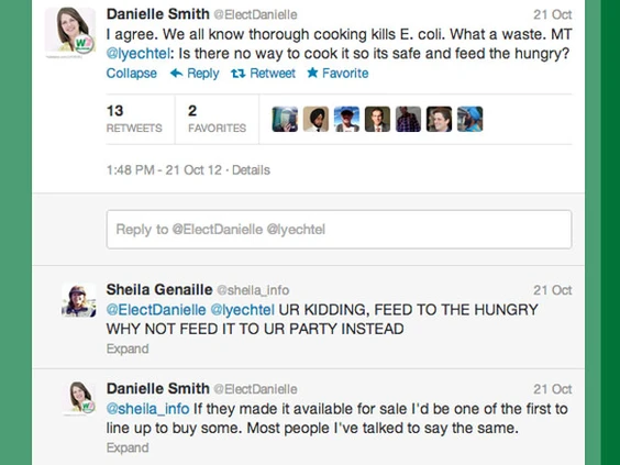 Screenshot of Danielle Smith wondering about feeding "the hungry" with E. coli-tainted meat