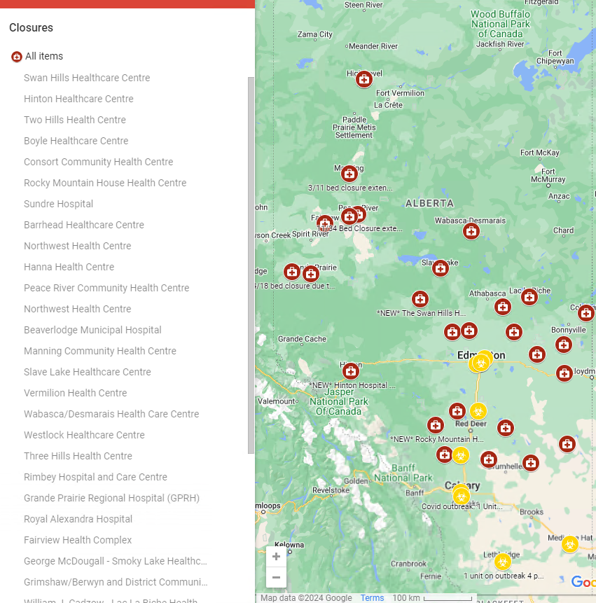 Map of hospital closures across Alberta