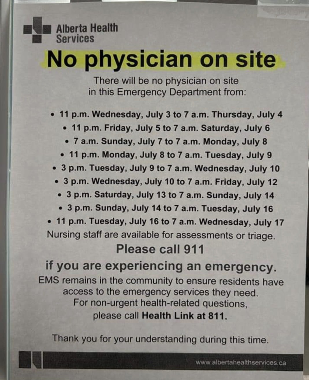 Sign for Hinton ER warning no physician on site