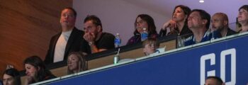 Danielle Smith watches Oilers Game 2 from a private box