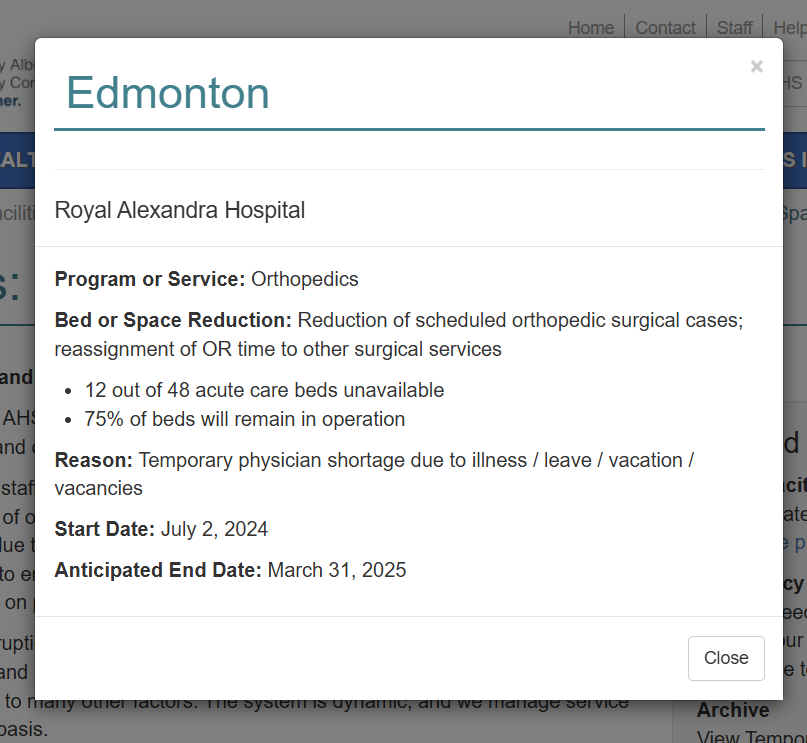 Royal Alex announcement: Reduction of scheduled orthopedic surgical cases; reassignment of OR time to other surgical services Anticipated End Date: March 31, 2025